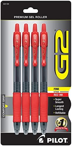 Pilot® G-2™ Retractable Gel Pens, Fine Point, 0.7 mm, Clear Barrels, Red Ink, Pack Of 4