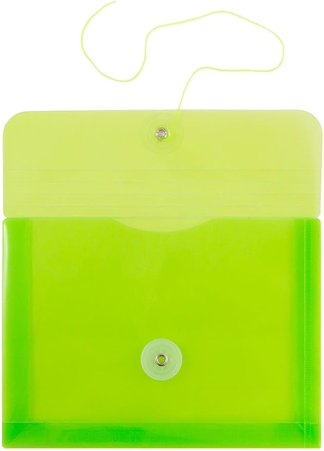 JAM PAPER Plastic Envelopes with Button & String Tie Closure - Index Size - 5 1/2 x 7 1/2 - Lime Green - 3/Pack