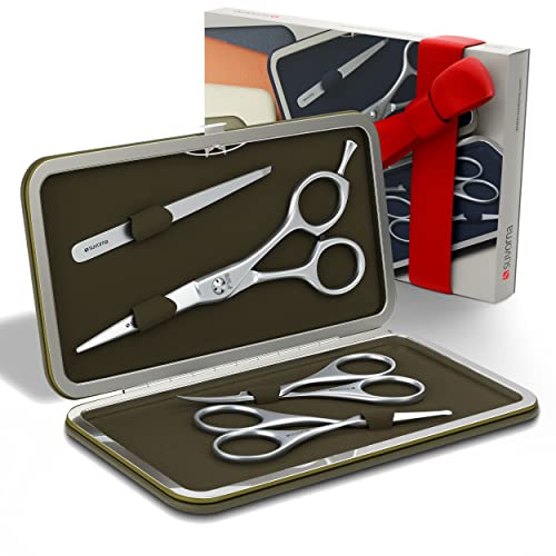Suvorna Premium Beard & Mustache Set with Beard scissors for men - Facial Hair/Nose/Eyebrow Scissors - Slant Tweezers (4 Pcs Green)