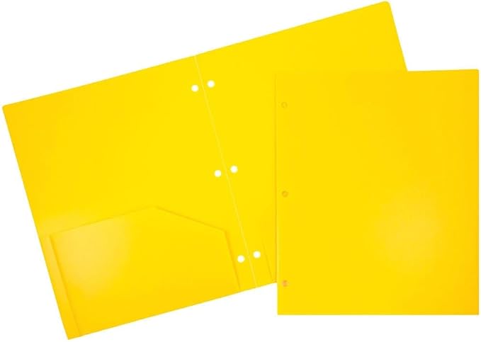 JAM PAPER Heavy Duty Plastic 3 Hole Punch Pocket Folders - Extra Tough School Folders - Yellow - Bulk 48/Pack