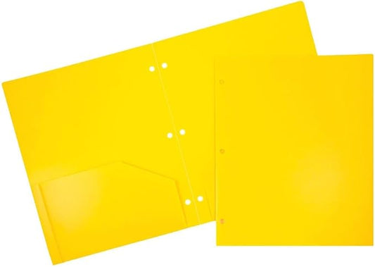 JAM PAPER Heavy Duty Plastic 3 Hole Punch Pocket Folders - Extra Tough School Folders - Yellow - Bulk 48/Pack
