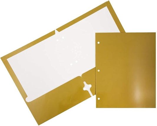 JAM PAPER Laminated Two Pocket Glossy 3 Hole Punch School Folders - Letter Size - High Gloss Gold - 6/Pack
