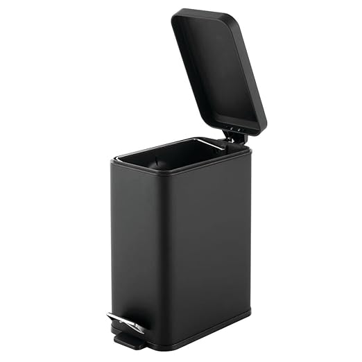 mDesign Pedal Bin — Waste Bin with Pedal, Lid and Plastic Bucket Insert for Bathroom, Kitchen, and Office — Metal Household Rubbish Bin with Ergonomic Design — Black