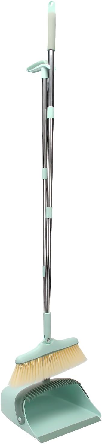 Sayene Broom and Dustpan Set,Long Handle Broom and Dustpan Set,Broom with Stand Up Dustpan Combo Set,for Home, Office, Lobby(Green)