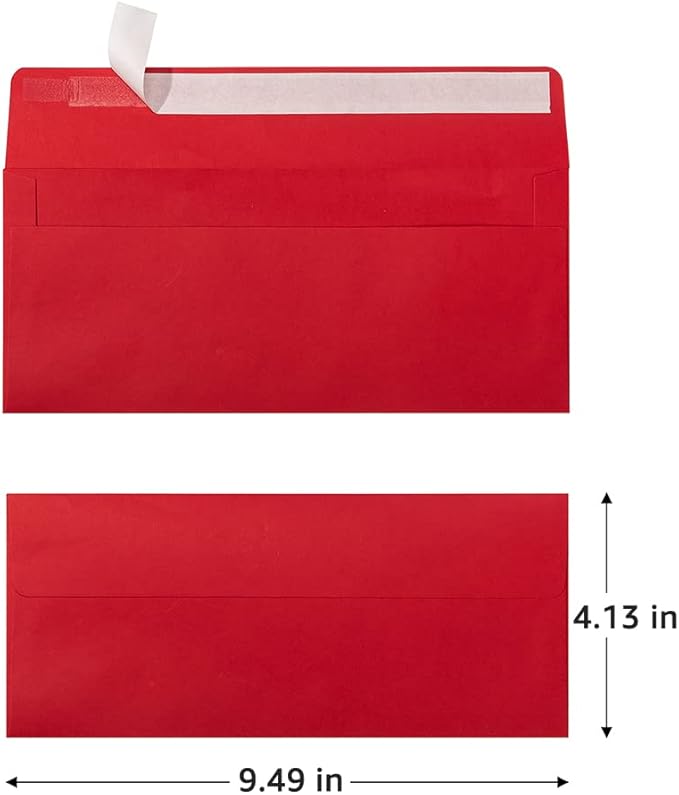 100 Pack Colorful #10 Business Envelopes Self Seal Standard Envelopes for Office Checks, Business, Letter Mailing Invoices, 4.13 x 9.49 Inches (Red)