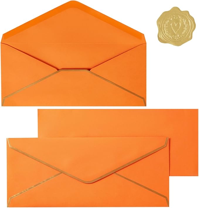 30 Pack Thick #10 Business Envelopes with Gold Border, 4 1/8 x 9 1/2 Thick Paper Standard Envelopes with Stickers for Office, Checks, Letter Mailing, Invoices (Dark Orange)