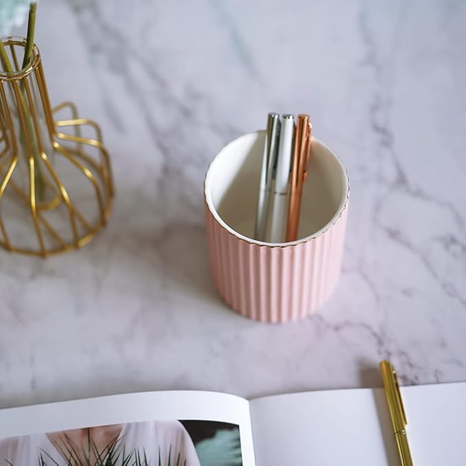 Pen Holder for Desk, Ceramic Pencil Cup Office Desk Organizer, Makeup Brush Holder (Pink)