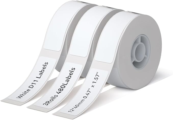 NIIMBOT D11 Label Maker Tape D110 Labels 3Rolls, Self-Adhesive Labeling Tape Replacement 0.47" X 1.57" (12 X 40mm) Thermal Label Refills for Home Office, 480 Labels/3Rolls, White
