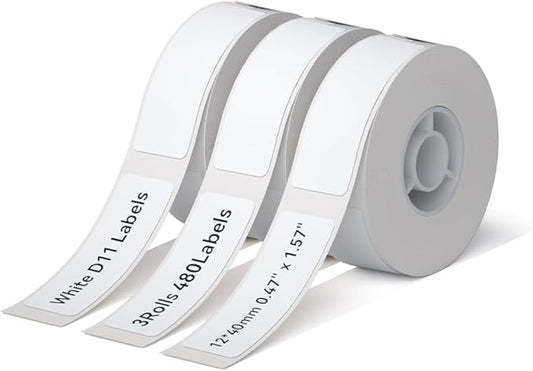 NIIMBOT D11 Label Maker Tape D110 Labels 3Rolls, Self-Adhesive Labeling Tape Replacement 0.47" X 1.57" (12 X 40mm) Thermal Label Refills for Home Office, 480 Labels/3Rolls, White