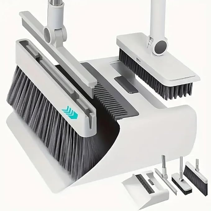 4-in-1 Broom and Dustpan Set with Floor Brush, White Stainless Steel Long Handle, Upright Standing Design for Home Office Kitchen, Squeegee Cleaning Tools Combo