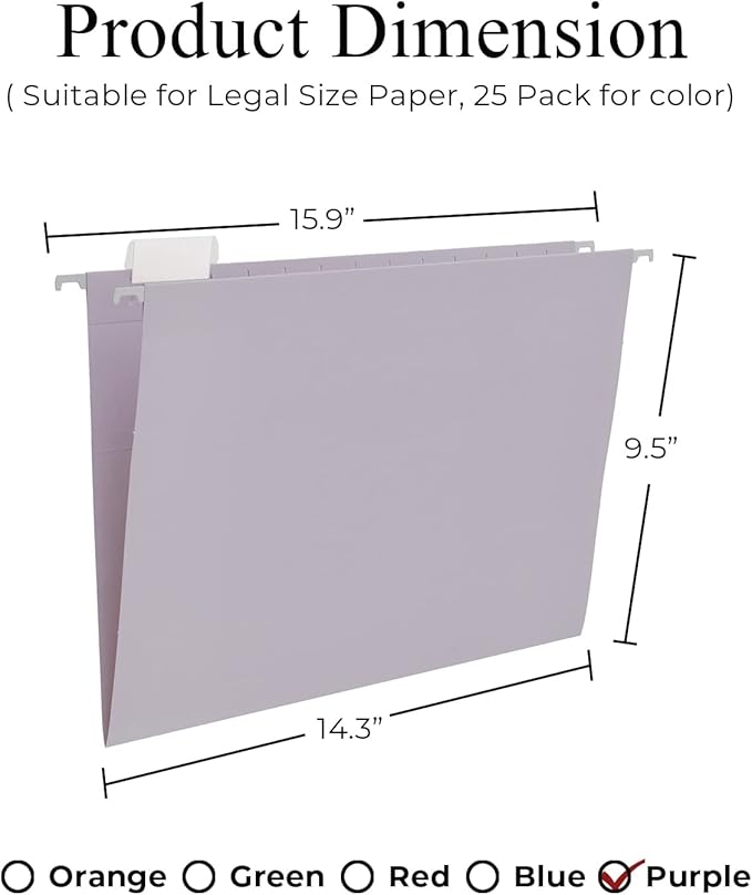Y YOMA Legal Size - 25 Pack Colored Hanging File Folders Decorative Hanging Folder Cute Pretty File Folder for Filing Cabinet Office Home with 1/5-Cut Adjustable Tabs, Morandi Purple