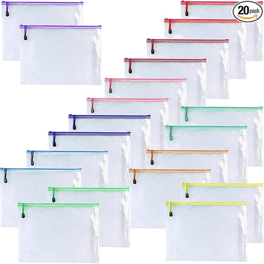 OAIMYY-20 PCS-6"x 8"-Mesh Zipper Pouch, Plastic Zip File Folders Puzzle Bags for Organizing,Office Supplies,Travel,Home Storage (Color)