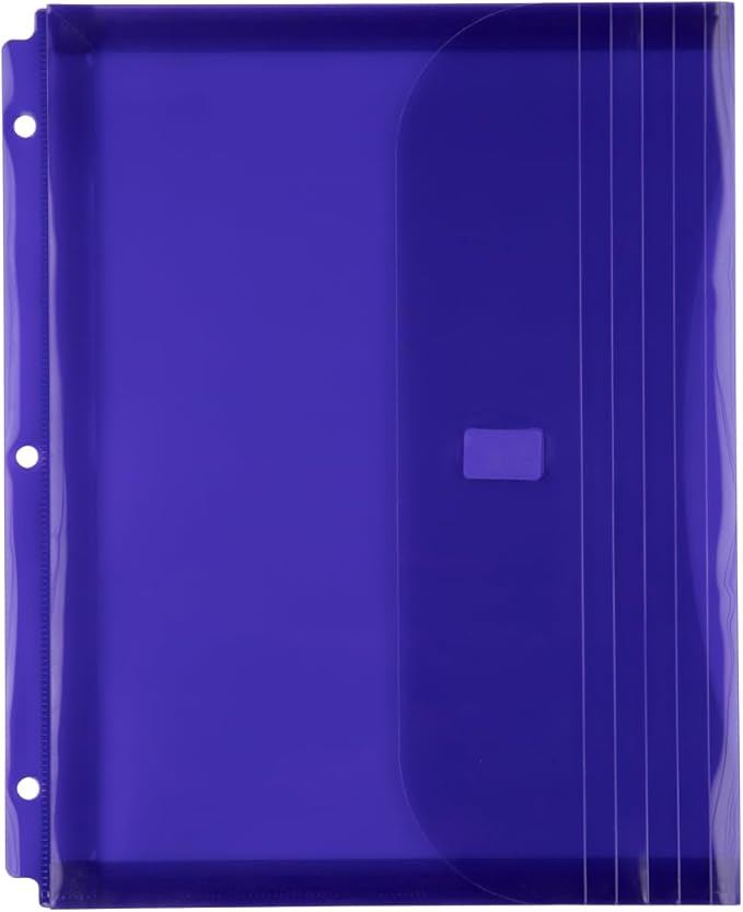 JAM PAPER Plastic 3 Hole Punch Binder Envelopes with Hook & Loop Closure - Letter Booklet - 9 1/2 x 11 1/2 with 1 Inch Expansion - Purple - 12/Pack