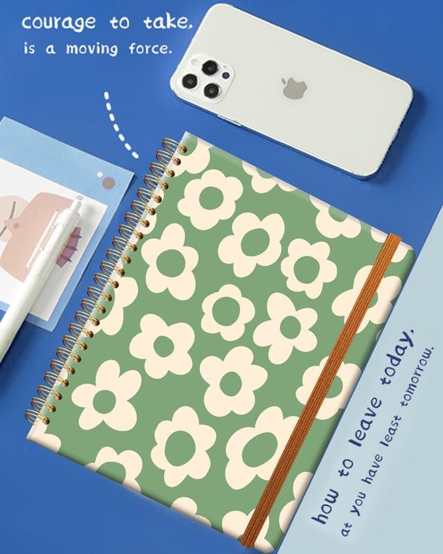 Ruled Spiral Writing Notebook,A5 Hardcover Lined College Journal for Women Lady Girl,Strong Twin-Wire Binding with Premium Paper,8.4" X 6",Perfect for School,Office,Home Gifts(Green Flowers)