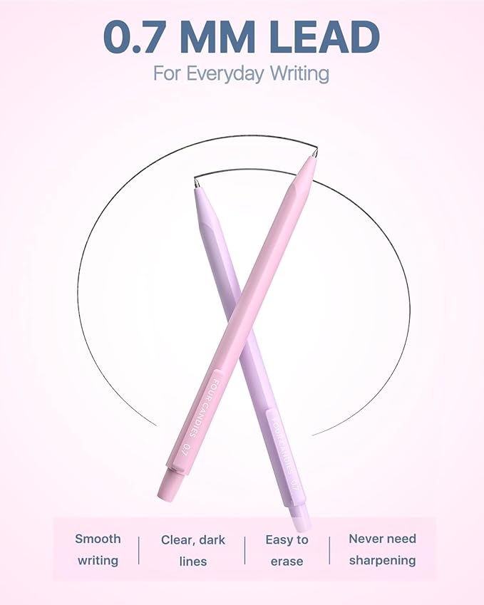 Four Candies Mechanical Pencils 0.7mm, with HB & 2B Lead Refills 0.7, Pastel Eraser Set & Eraser Refills, 16-Count Pack with Case, Cute Aesthetic School Supplies for Writing, Drawing and Sketching