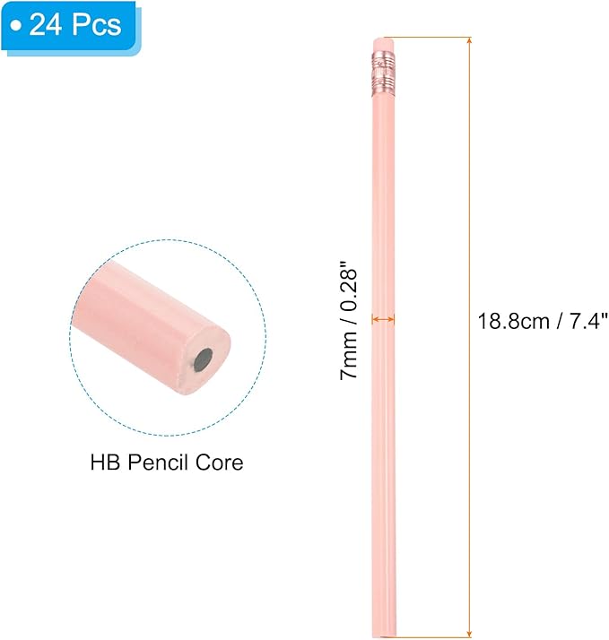 PATIKIL Round Pencils, 24 Pcs Triangle HB Graphite Pencil Wooden Pencils with Eraser for Classroom Office Writing Drawing Supplies, Pink
