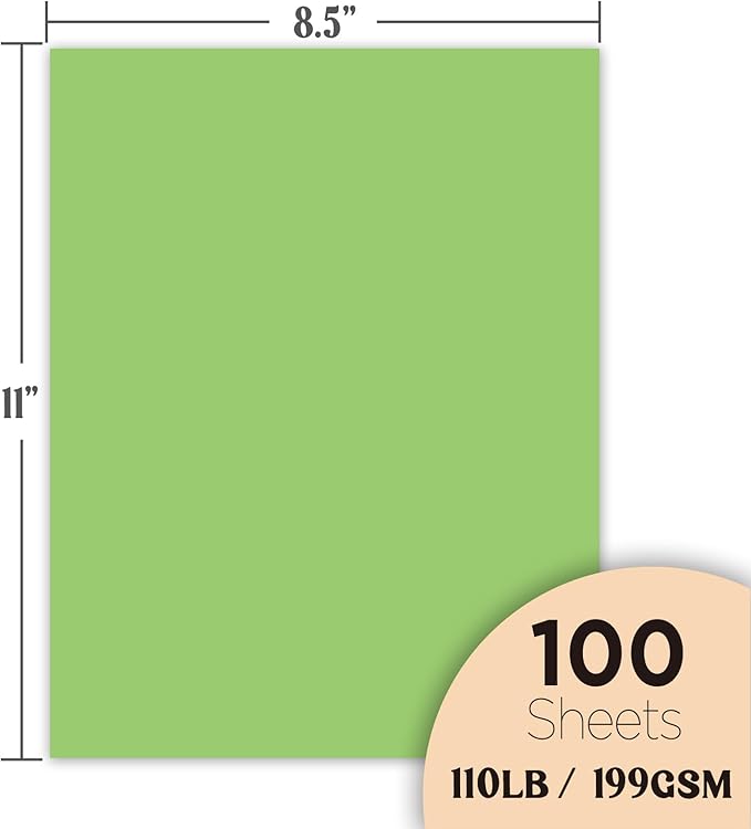 Veritas Green Colored Cardstock, 8.5" x 11" Colored Copy paper, 110LB/199GSM Printer Paper, 100 Sheets (1 Reams), Colored Multi-Purpose Paper, Made in USA