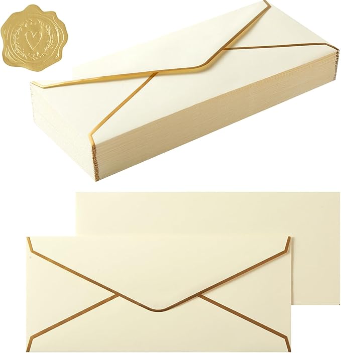100 Pack #10 Business Envelopes with Gold Border, Self Seal Standard Envelopes with Gold Stickers for Office, Checks, Letter Mailing, Invoices, 4 1/8 x 9 1/2 Inches (Cream Color)