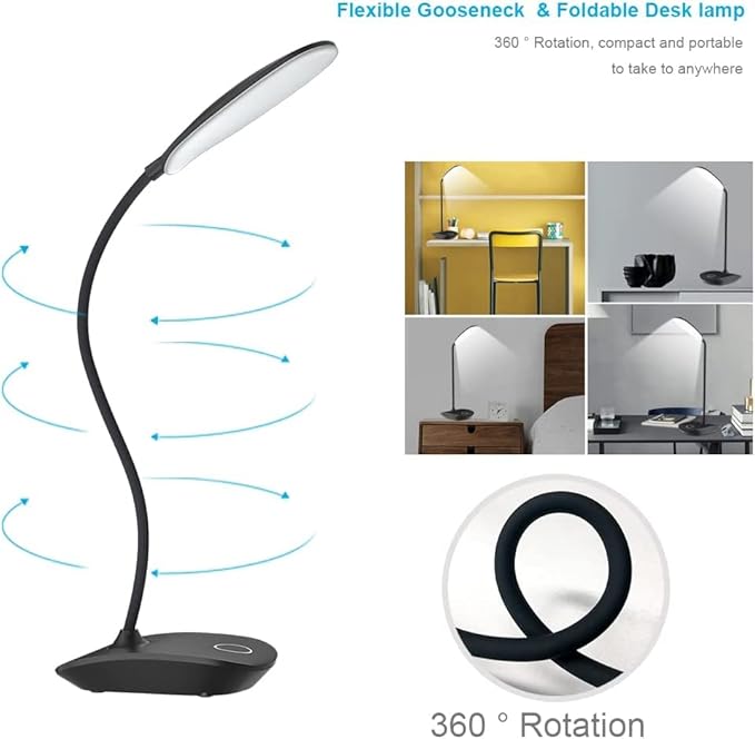 DEEPLITE LED Desk Lamp with Flexible Gooseneck 3 Level Brightness, Battery Operated Table Lamp 5W Touch Control, Compact Portable lamp for Dorm Study Office Bedroom(Set of 2)