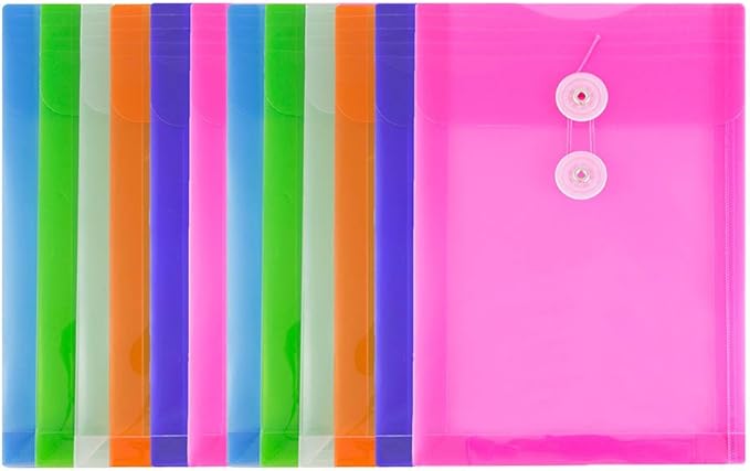 JAM PAPER Plastic Envelopes with Button & String Tie Closure - 6 1/4 x 9 1/4 - Assorted Colors - 12/Pack