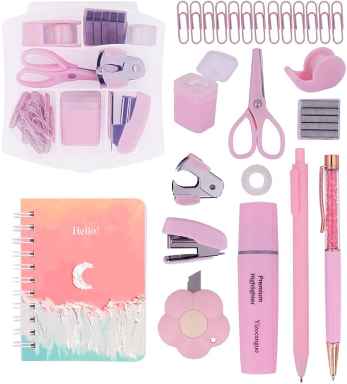 Mini Office Supply Kit Includes Stapler Tape Dispenser Staple Remover Paper Clips Scissor Notebook Highlighter Ballpoint Pen Small Telescopic for Office and School -Notebook Color Random(Pink Set)