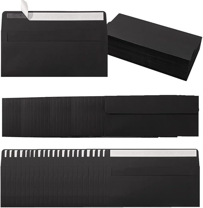 100 Pack Colorful #10 Business Envelopes Self Seal Standard Envelopes for Office Checks, Business, Letter Mailing Invoices, 4.13 x 9.49 Inches (Black)