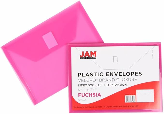 JAM PAPER Plastic Envelopes with Hook & Loop Closure - Index - 5 1/2 x 7 1/2 - Fuchsia Pink - 3/Pack