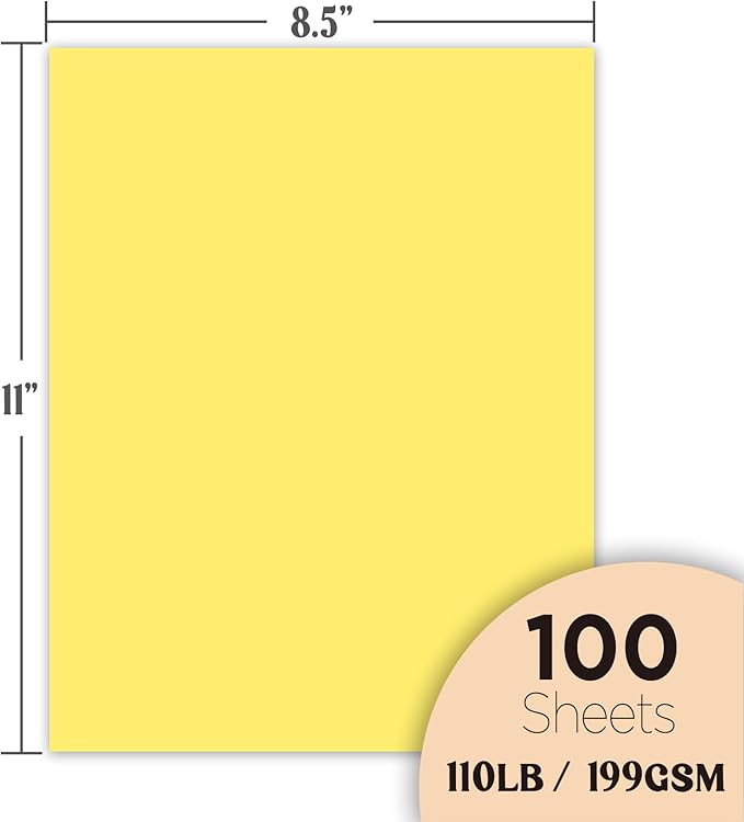 Veritas Yellow Colored Cardstock, 8.5" x 11" Colored Copy paper, 110LB/199GSM Printer Paper, 100 Sheets (1 Reams), Colored Multi-Purpose Paper, Made in USA