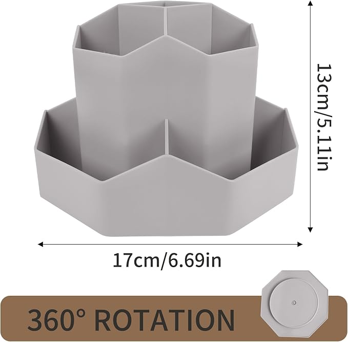 INSTOME Desktop Organizer with Pencil Holders,360°Rotating Pen Holder for Desk Organizer,9 Compartments and Makeup Brush Holders,Multifunctional Office Supplies for Home,Teachers and School (Gray)
