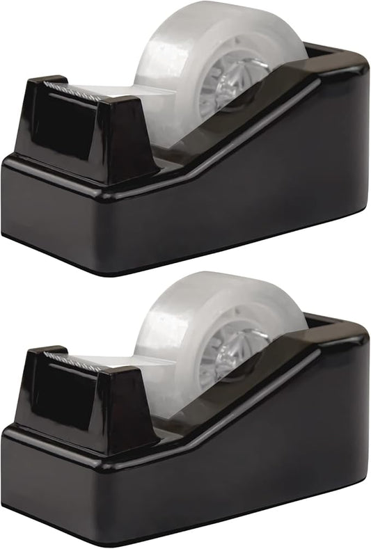 2Pcs Desktop Tape Dispenser Adhesive Roll Holder with Weighted Nonskid Base, Black (Tape not Included)