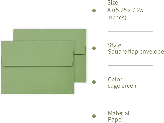 100 Pack Sage green 5x7 Envelopes for 5x7 Cards,Invitations,Wedding,Baby Shower,Graduation,Self Seal Azaza