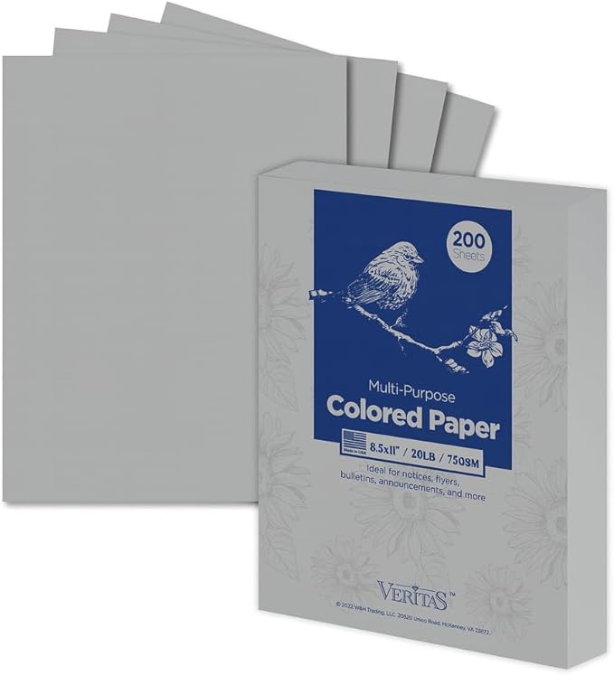 Veritas Colored Copy Paper, Gray Multi-Purpose paper,Colored Printer Paper 8.5” x 11”, 20 lb / 75 GSM,Grey,200 Sheets，Made in USA