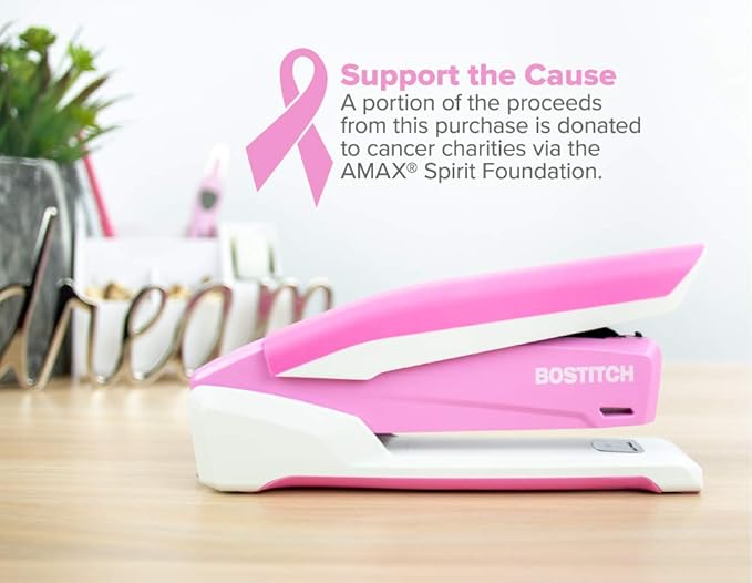 Bostitch Office InPower Spring-Powered Desktop Stapler, 20 Sheet Capacity, One Finger Stapling, Includes 210 Staples, Jam Free, Opens for Tacking, Breast Cancer Awareness Pink