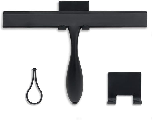 FY&XZH Never Rust Silicone Shower Squeegee for Glass Doors with Hook, Bathroom Cleaner Tool, Household Window and Mirror Squeegee, Ergonomic Thick Handle Squeegee for Shower Glass, 11-Inch (Black)