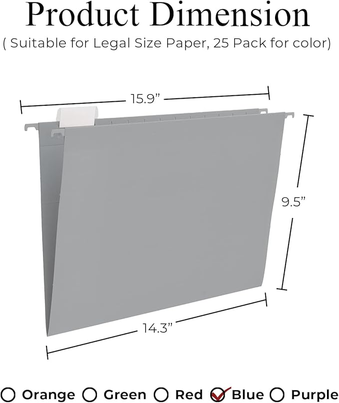Y YOMA Legal Size - 25 Pack Colored Hanging File Folders Decorative Hanging Folder Cute Pretty File Folder for Filing Cabinet Office Home with 1/5-Cut Adjustable Tabs, Morandi Blue