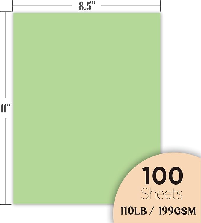 Veritas Mint Green Colored Cardstock, 8.5" x 11" Colored Copy paper, 110LB/199GSM Printer Paper, 100 Sheets (1 Reams), Colored Multi-Purpose Paper, Made in USA