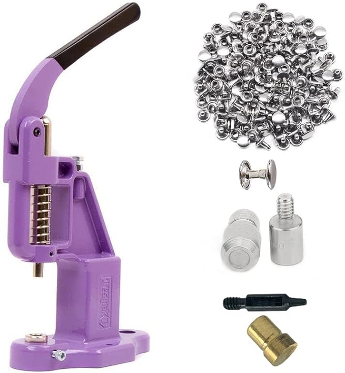 Hobby Trendy Hand Press with 1000 Sets of Iron 9mm Double Capped Rivets with Dies and Hole Punch(Lilac Press,Silver Rivets)