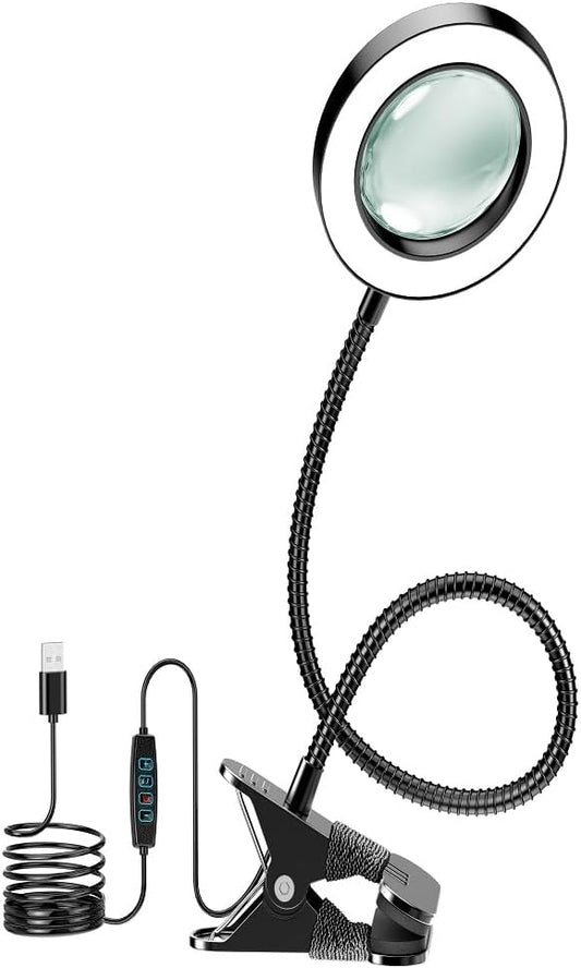 10X Magnifying Glass with Light and Timer, 2 in 1 Magnifying Desk Lamp, 3 Color Modes 10 Dimmable Brightness, Flexible Gooseneck Magnifier with Light for Craft Hobby Sewing Close Work(No Adapter)