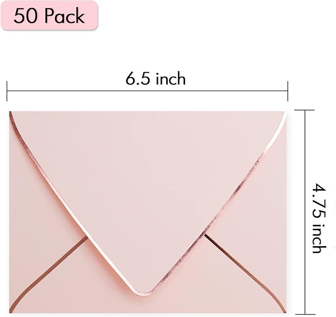 50 Pack A6 Pink Envelopes With Rose Gold Border 4 x 6 - V flap, Quick Self Seal, For 4x6 Cards| Perfect for Weddings, Invitations, Photos, Graduation, Baby Shower (Pink-rose golden border)