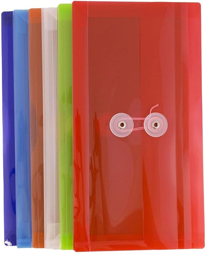JAM PAPER Plastic Envelopes with Button & String Tie Closure - #10 Business Booklet - 5 1/4 x 10 - Assorted Colors - 6/pack