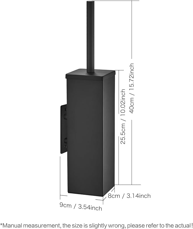 JOVYXIE Black Stainless Steel Square Toilet Brush with Metal Lid Dual-Use Toilet Brush Holder with Drilled + Drill-Free Hook Base Includes Removable Inner Bucket (Black)