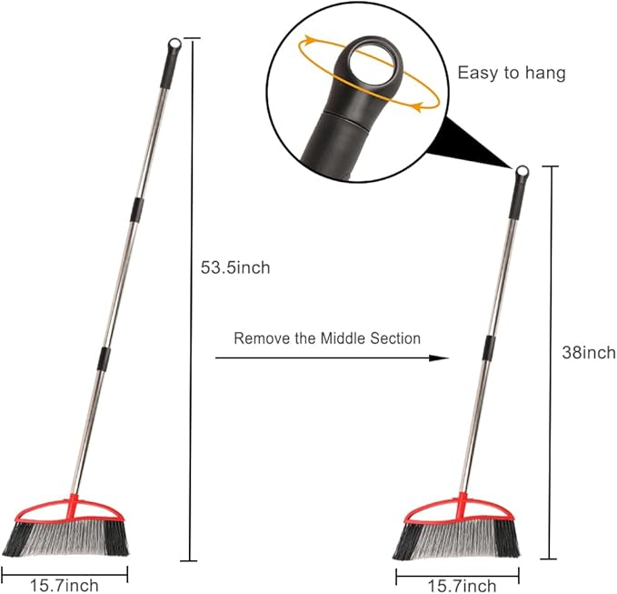 MuLing Heavy Duty Outdooor Broom - 15.7" Wide Broom with Wide Angle Design, Long Handle & Powerful Stiff Bristles for Patio, Garden, Garage, Yard (Red)