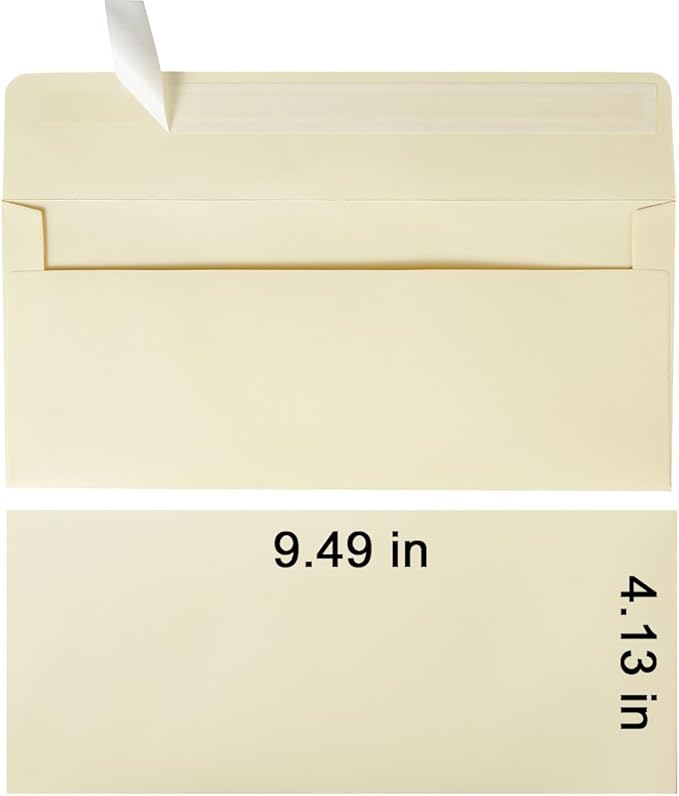 Wishop 50 Pack #10 Business Envelopes Self Seal 4x9 Standard Envelopes for Business, Invoices, Letter Mailing, 4 1/8 x 9 1/2 Inches (Cream Color, 4.13 x 9.49)