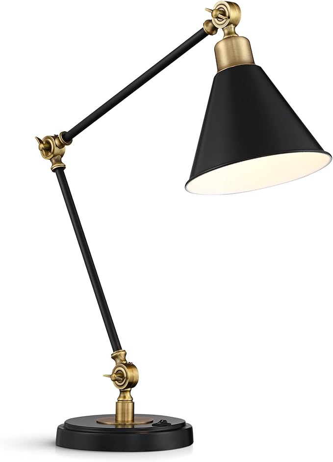 360 Lighting Wray 26 3/4" High Modern Adjustable Desk Lamp with USB Charging Ports A+C Painted Black Brass Metal Cone Shade for Living Room Bedroom House Bedside Nightstand Home Office Reading