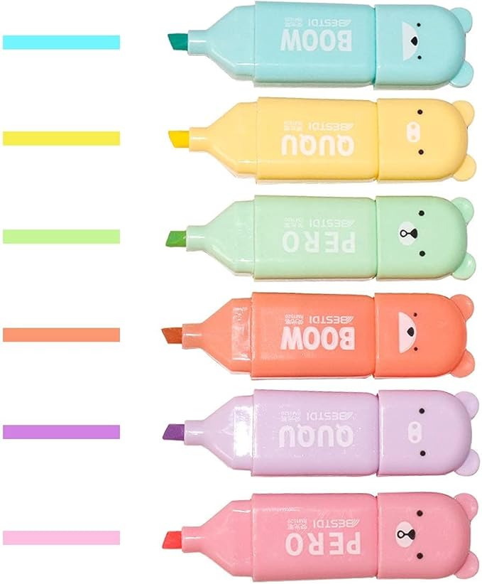 Leery Novelty Cute Mini Bear Highlighter Pens & Assorted Macaron Colors Chisel Tip Pastel Pens for Office,Writing & School Office Supplies (6)