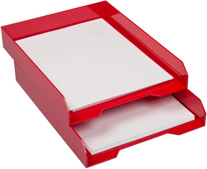 JAM PAPER Stackable Paper Trays - Red - Desktop Document, Letter, & File Organizer Tray - 2/Pack