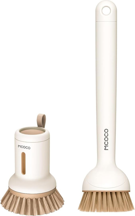 MCOCO Dish Brush Set with Soap Dispensing Palm Brush Dish Scrub Brush with Soap Dispenser Palm Dish Brush Kitchen Cleaning Brush with Ergonomic Long Handle for Cleaning Sink, Pot, Pan, Stove, Yellow
