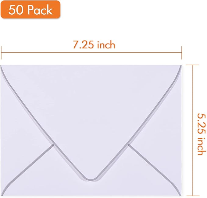 A7 White Envelopes With Silver Border, Invitation 5 x 7 Envelopes - 50 Pack, For 5x7 Cards| Self Seal| Perfect for Weddings, Invitations, Photos, Baby Shower| 5.25 x 7.25 inch(White-Silver Border)