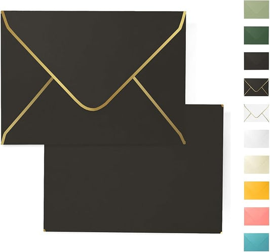 Black 5x7 Envelopes 50 Pcs, Goefun A7 Envelopes for Invitation, V-Flap with Gold Border for Baby Shower, Graduation, Announcements, 5.25 x 7.25 inches