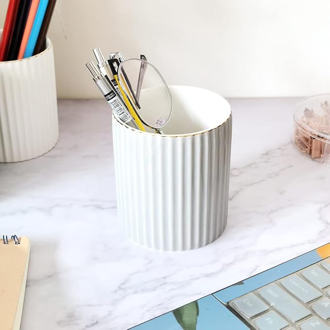 Pen Holder for Desk, Ceramic Pencil Cup Office Desk Organizer, Makeup Brush Holder, Light Gray